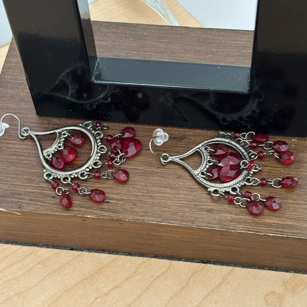 Crimson Red Chandelier Earrings with Teardrop Beads / silver tone wires - Picture 4 of 7